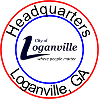 A circular Headquarters badge/logo with two concentric rings: a thin outer red ring and a thinner inner blue ring. Curved black text follows the outer ring: Headquarters across the top and Loganville, GA along the bottom. Centered inside the rings is the Loganville City seal.