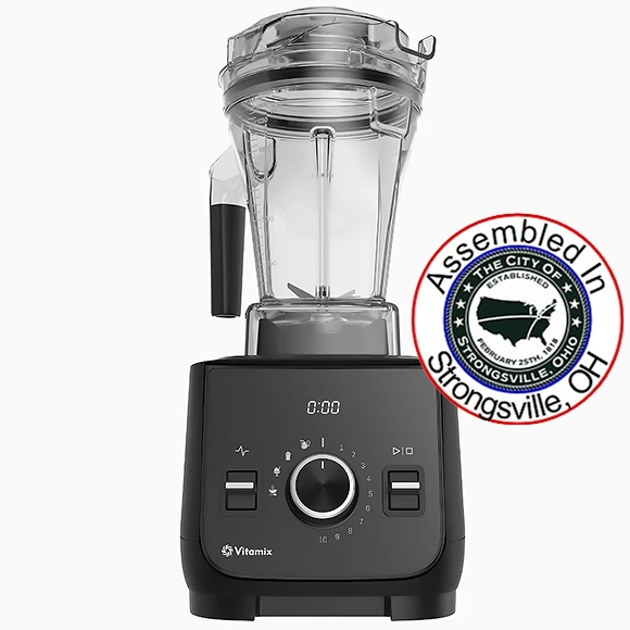 A Vitamix Blender that includes circular badge that says 'Assembled in Strongsville, OH' spelled out along the outer ring, with the official Strongsville, OH symbol in the center.