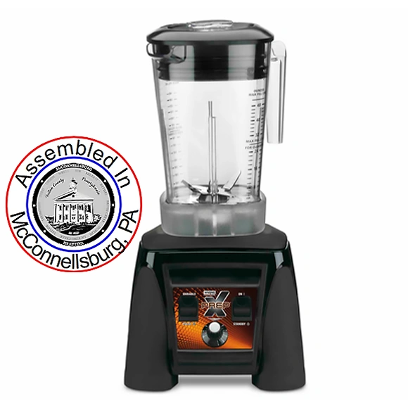 A Waring Commercial Blender that includes circular badge that says 'Assembled in McConnellsburg, PA' spelled out along the outer ring, with the official McConnellsburg, PA symbol in the center.