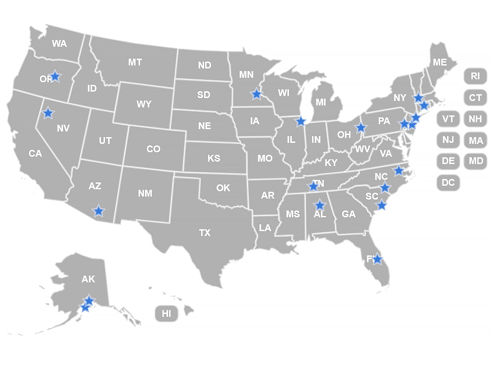Map of the United States with yellow star-shaped markers highlighting the locations of American-made arts and crafts businesses, including Candlecopia (Tennessee), Candlove (New Jersey), Yankee Candle (Massachusetts), Alaska Fur Exchange and Alaska Rug Co. (Alaska), Brenda Mize Dolls (Connecticut), Gregg Ortiz (Florida), Nick Cave (Illinois), Sarah Zapata (New York), Blackwell Gourd Designs (North Carolina), Victoria de Almeida (New Mexico), Clair Kehrberg (Oregon), Marvin Sin (North Carolina), 9Hills Studio (Arizona), Houston Llew (South Carolina), Sherry Tinsman (Pennsylvania), Earthborn Pottery (Alabama), Michael Harris (Ohio), Planet X Pottery (Nevada), The Art Shoppe (Minnesota), and others across the country.