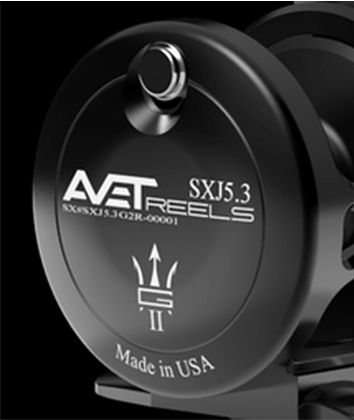 Close-up of an Avet Baitcasting fishing reel showing the 'Made in USA' printing on the side plate.