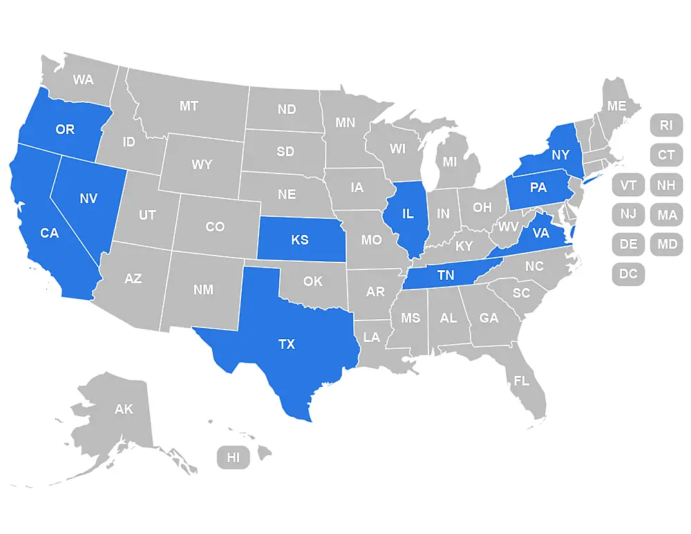 Map of the United States highlighting these cities; Los Angeles, CA, Springfield, IL, Easton, PA, Melville, NY, Garland, TX, Chicago, IL, Portland, OR, Galax, VA, City of Industry, CA, Amarillo, TX, Collinwood, TN, Reno, NV, Meadville, PA, Humbolt, KS, with American outdoor products manufacturers.