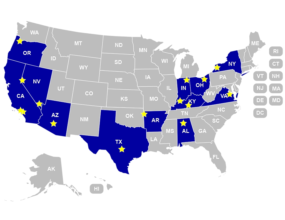 Map of the United States highlighting states with American-made trailer hitch manufacturers, marked with stars for each company location