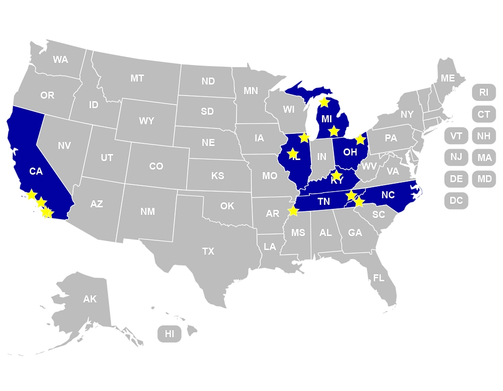 Map of the United States highlighting states with American engine part manufacturers, marked with stars for each company location
