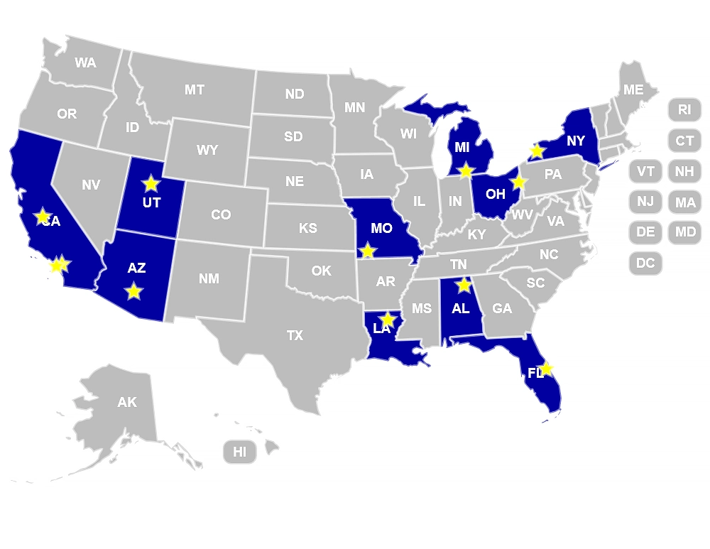 Map of the United States highlighting states with American-made suspension manufacturers, marked with stars for each company location