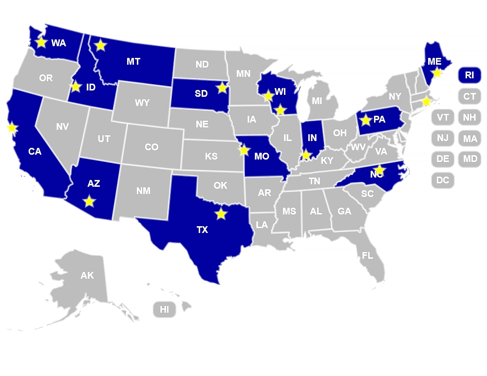 Map of the United States highlighting states with American-made woodworking tool manufacturers, marked with stars for each company location