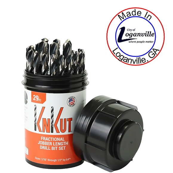 An example of KnKut drill bits, that includes a circular badge that says 'Made in Loganville, GA' spelled out along the outer ring, with the official Loganville, GA symbol in the center.