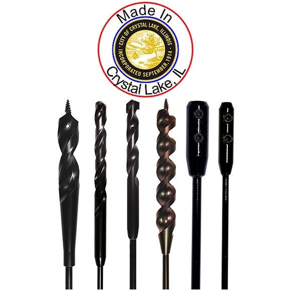 An example of Eagle Tool drill bits, that includes a circular badge that says 'Made in Crystal Lake, IL' spelled out along the outer ring, with the official Crystal Lake, IL symbol in the center.