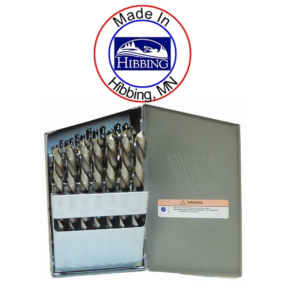 An example of Triumph drill bits, that includes a circular badge that says 'Made in Hibbing, MN' spelled out along the outer ring, with the official Hibbing, MN symbol in the center.
