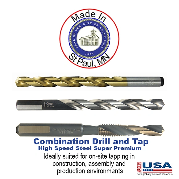 An example of Viking drill bits, that includes a circular badge that says 'Made in St. Paul, MN' spelled out along the outer ring, with the official St. Paul, MN symbol in the center.