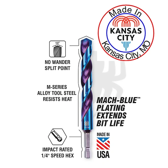 An example of Spyder Products drill bits, that includes a circular badge that says 'Made in Kansas City, MO' spelled out along the outer ring, with the official Kansas City, MO symbol in the center.