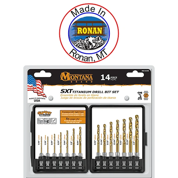 An example of Montana Brand drill bits, that includes a circular badge that says 'Made in Ronan, MT' spelled out along the outer ring, with the official Ronan, MT symbol in the center.