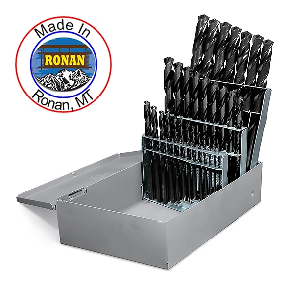 An example of Rockey Mountain Twist drill bits, that includes a circular badge that says 'Made in Ronan, MT' spelled out along the outer ring, with the official Ronan, MT symbol in the center.