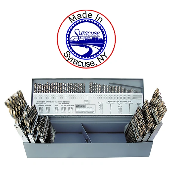 An example of Kodiak Cutting Tools drill bits, that includes a circular badge that says 'Made in Syracuse, NY' spelled out along the outer ring, with the official Syracuse, NY symbol in the center.