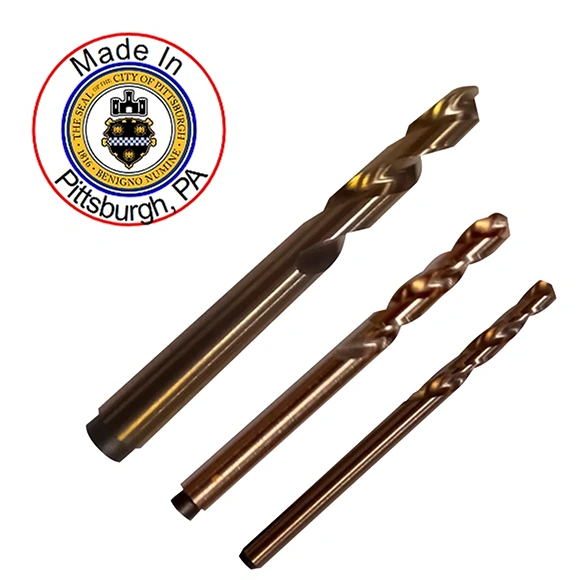 An example of ProMaxx Tools drill bits, that includes a circular badge that says 'Made in Pittsburgh, PA' spelled out along the outer ring, with the official Pittsburgh, PA symbol in the center.