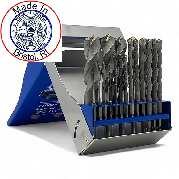 An example of Bad Dog Tools drill bits, that includes a circular badge that says 'Made in Bristol, RI' spelled out along the outer ring, with the official Bristol, RI symbol in the center.
