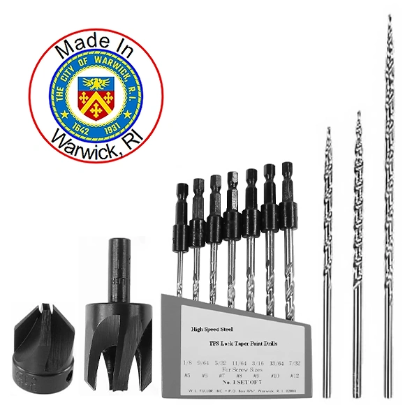 An example of W L Fuller drill bits, that includes a circular badge that says 'Made in Warwick, RI' spelled out along the outer ring, with the official Warwick, RI symbol in the center.