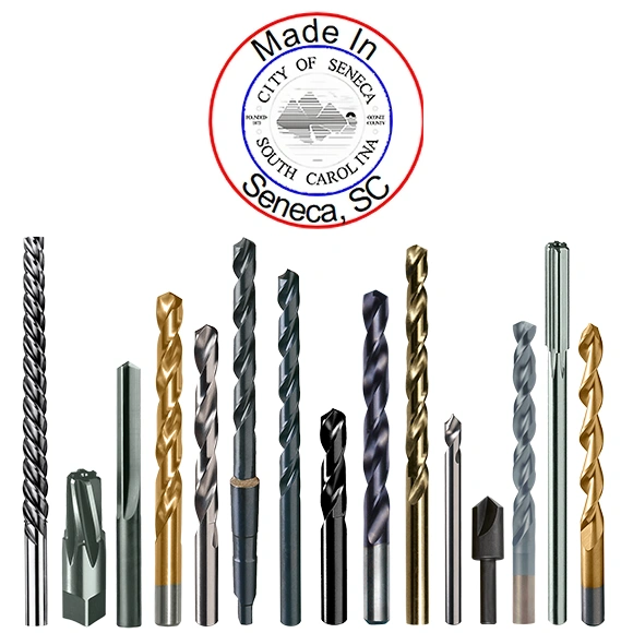 An example of Chicago-Latrobe drill bits, that includes a circular badge that says 'Made in Seneca, SC' spelled out along the outer ring, with the official Seneca, SC symbol in the center.
