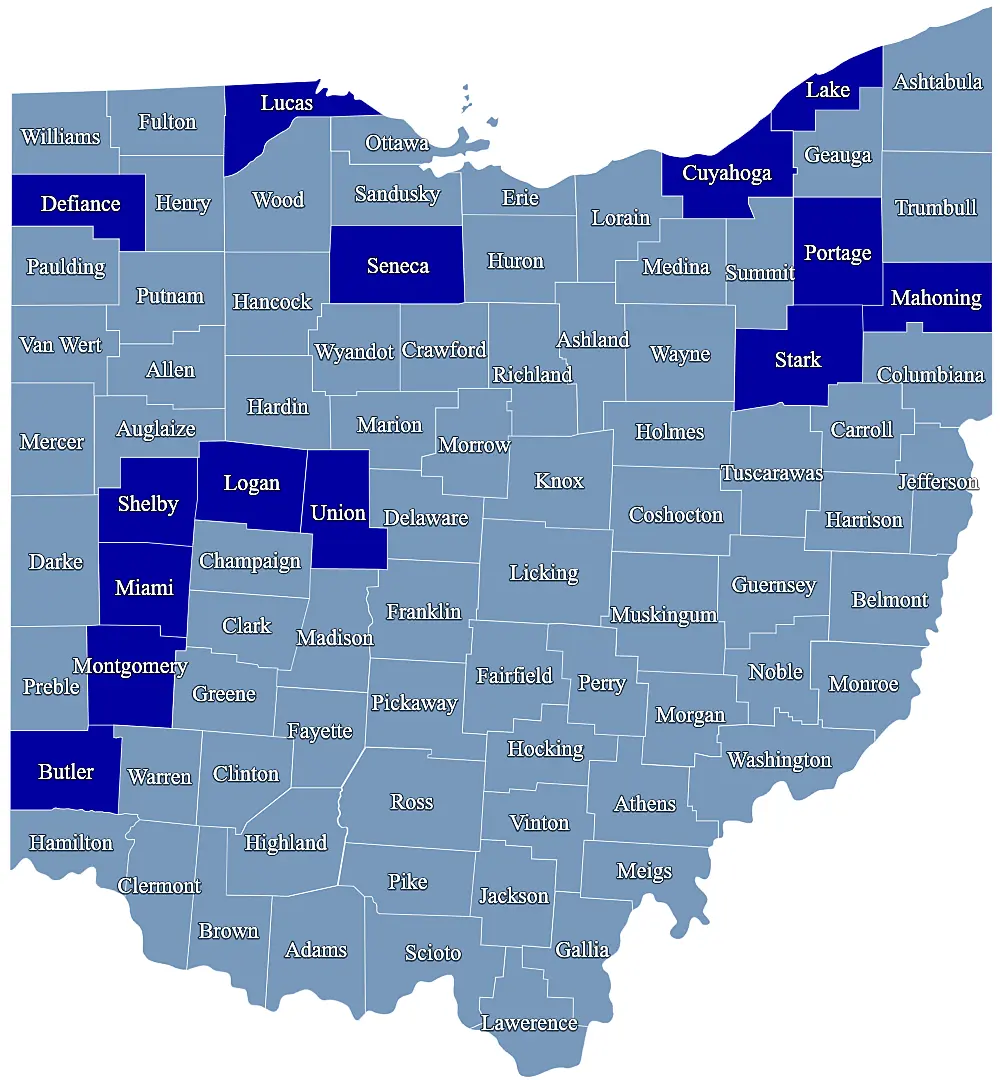 Map of Ohio highlighting vehicle and vehicle parts manufacturers.